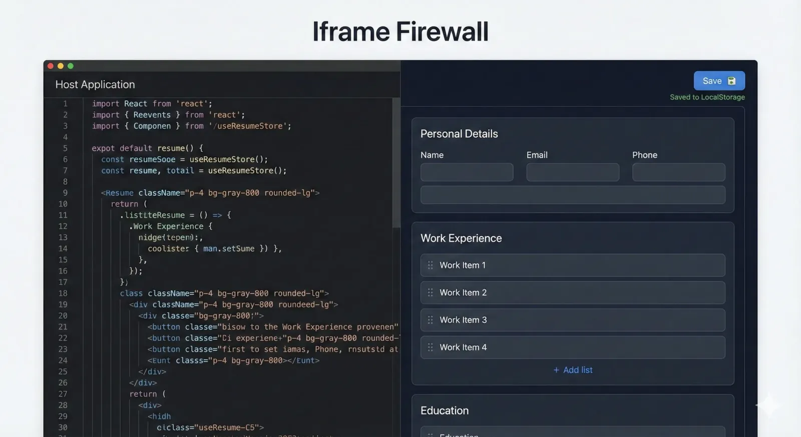 A close-up view of the Host Application editor interface in dark mode, featuring React code syntax and structured form inputs for data entry.