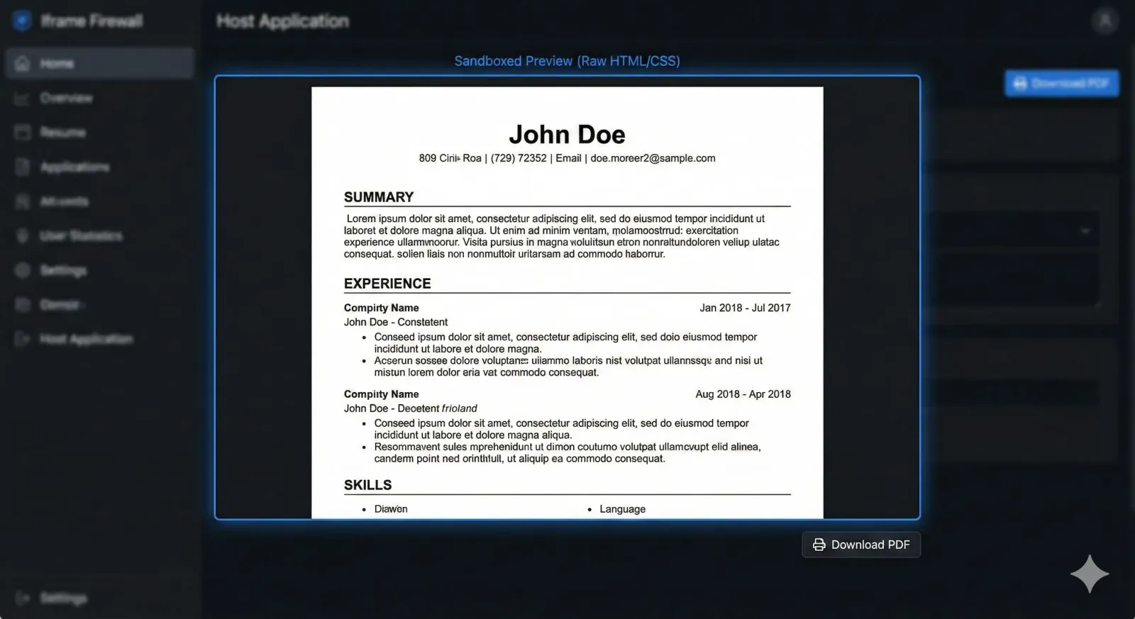 The Guest interface displaying a clean, white, print-ready resume preview isolated within a sandboxed iframe.