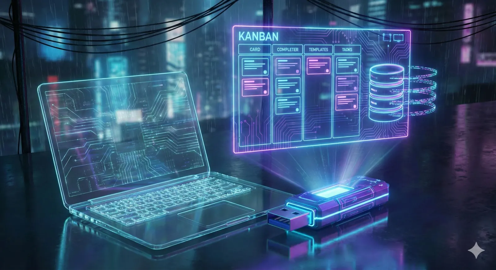 A conceptual illustration of software portability featuring a glowing USB drive containing the application and database, plugged into a transparent laptop.