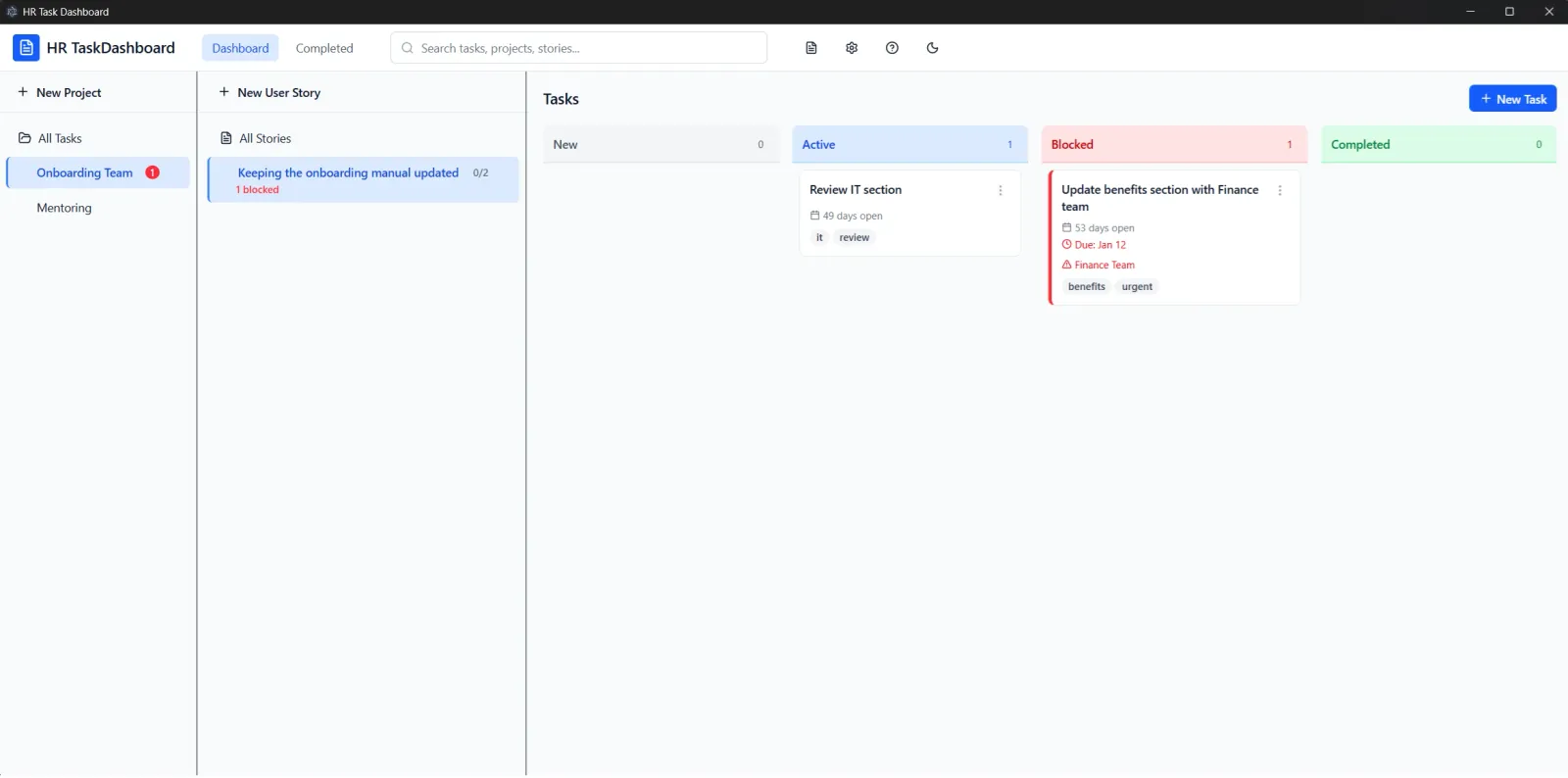 Screenshot of the TaskDashboard hierarchy view showing Projects as ongoing areas of responsibility with nested User Stories and Tasks.