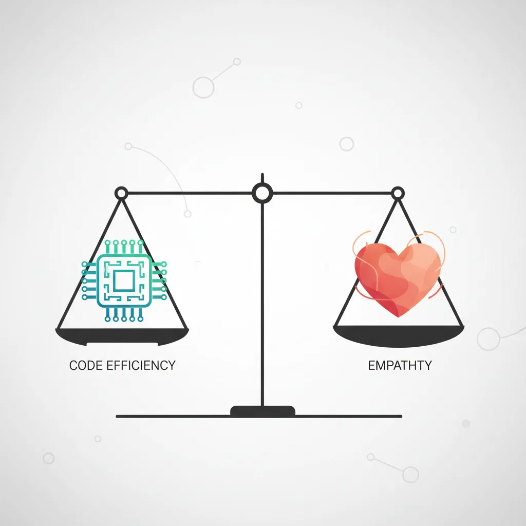 Illustration of a balance scale showing code efficiency and empathy in perfect balance.