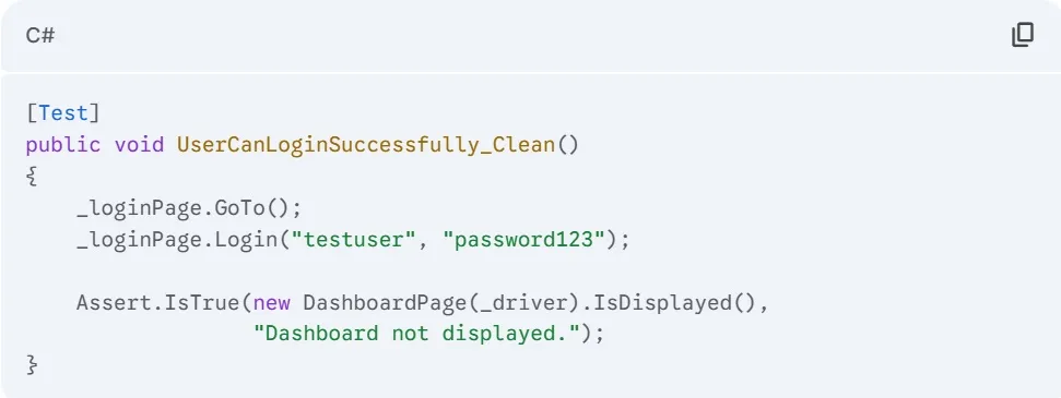 Clean, readable test code using the Page Object Model.