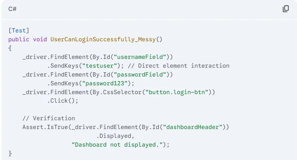 Messy test code without using the Page Object Model.